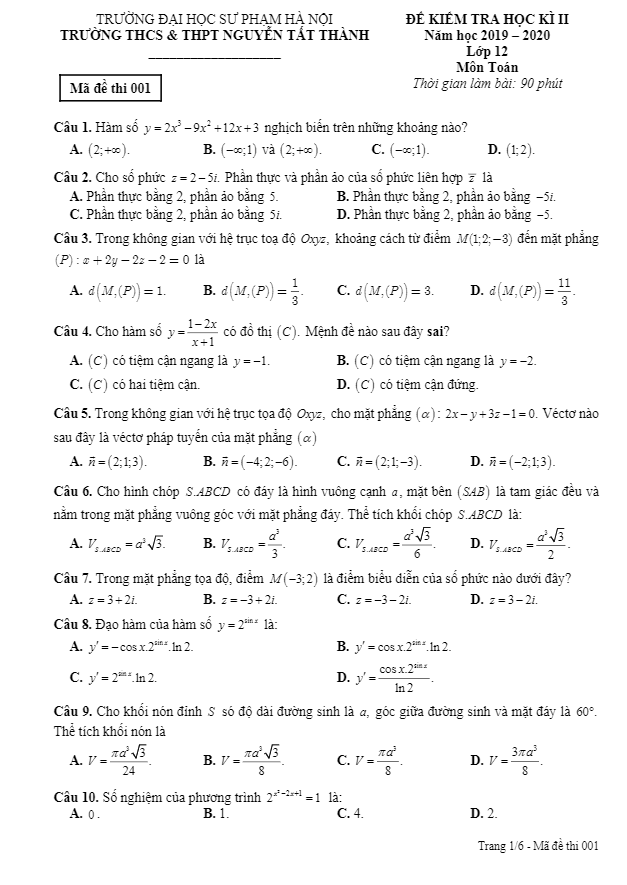 Đề thi học kì 2 Toán 12 năm 2019 2020 trường Nguyễn Tất Thành Hà Nội
