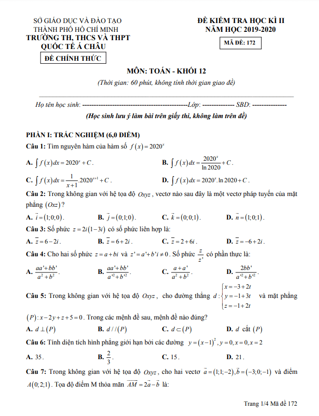 Đề thi học kì 2 Toán 12 năm 2019 2020 trường Quốc tế Á Châu TP HCM