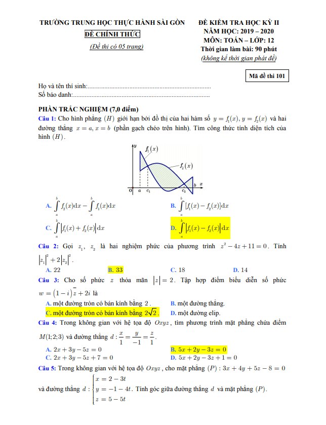 Đề thi học kì 2 Toán 12 năm 2019 2020 trường TH Thực hành Sài Gòn TP HCM