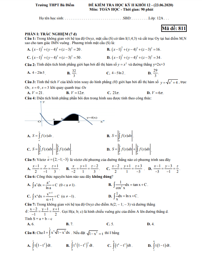 Đề thi học kì 2 Toán 12 năm 2019 2020 trường THPT Bà Điểm TP HCM