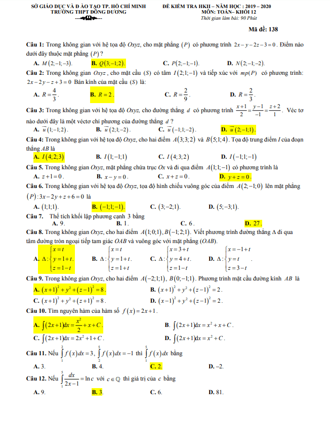 Đề thi học kì 2 Toán 12 năm 2019 2020 trường THPT Đông Dương TP HCM