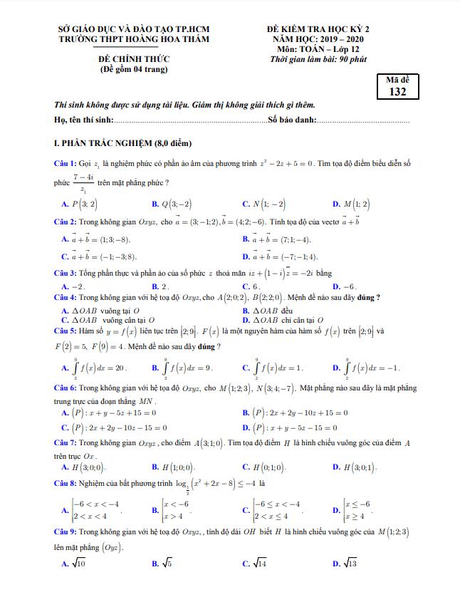 Đề thi học kì 2 Toán 12 năm 2019 2020 trường THPT Hoàng Hoa Thám TP HCM