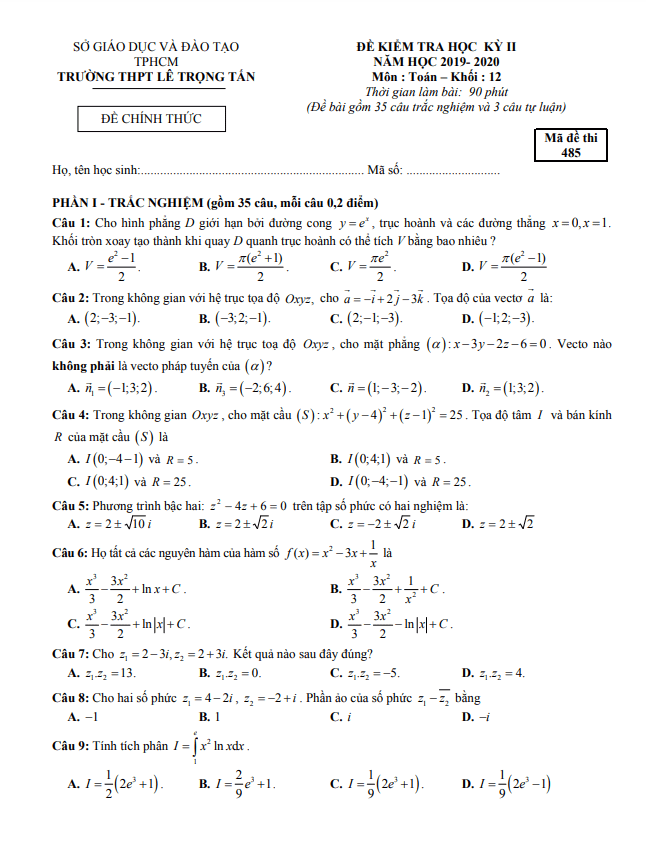 Đề thi học kì 2 Toán 12 năm 2019 2020 trường THPT Lê Trọng Tấn TP HCM