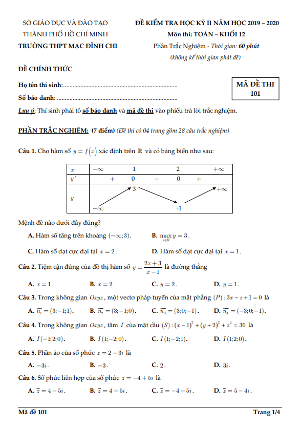 Đề thi học kì 2 Toán 12 năm 2019 2020 trường THPT Mạc Đĩnh Chi TP HCM