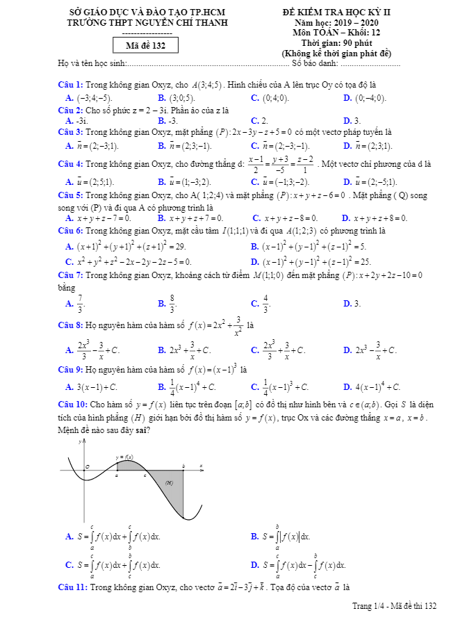 Đề thi học kì 2 Toán 12 năm 2019 2020 trường THPT Nguyễn Chí Thanh TP HCM