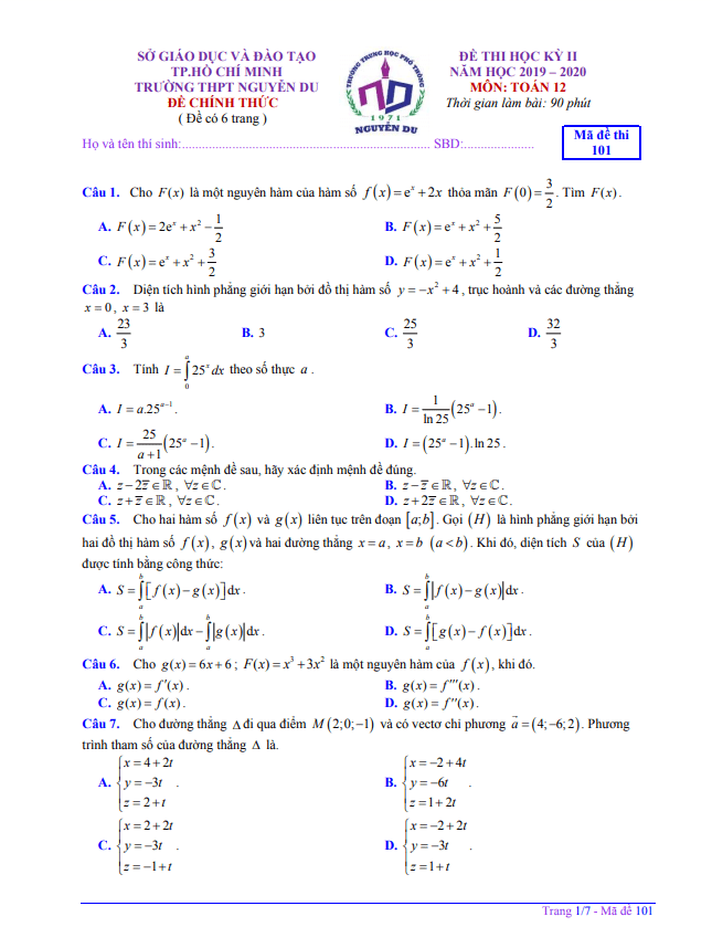 Đề thi học kì 2 Toán 12 năm 2019 2020 trường THPT Nguyễn Du TP HCM
