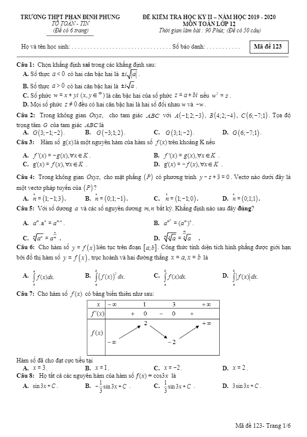 Đề thi học kì 2 Toán 12 năm 2019 2020 trường THPT Phan Đình Phùng Hà Nội