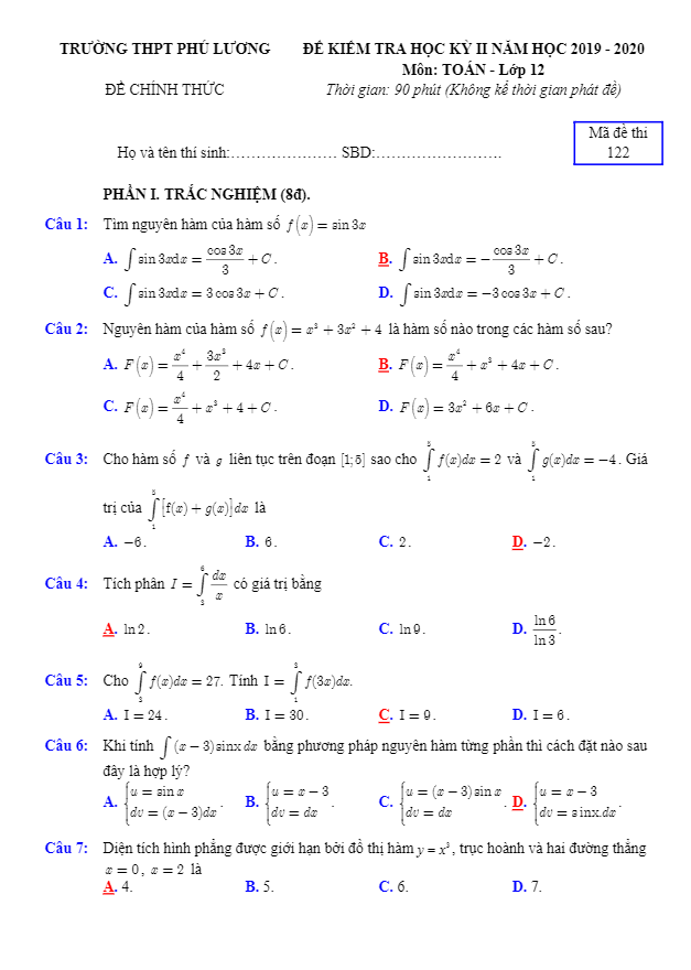 Đề thi học kì 2 Toán 12 năm 2019 – 2020 trường THPT Phú Lương – Thái Nguyên