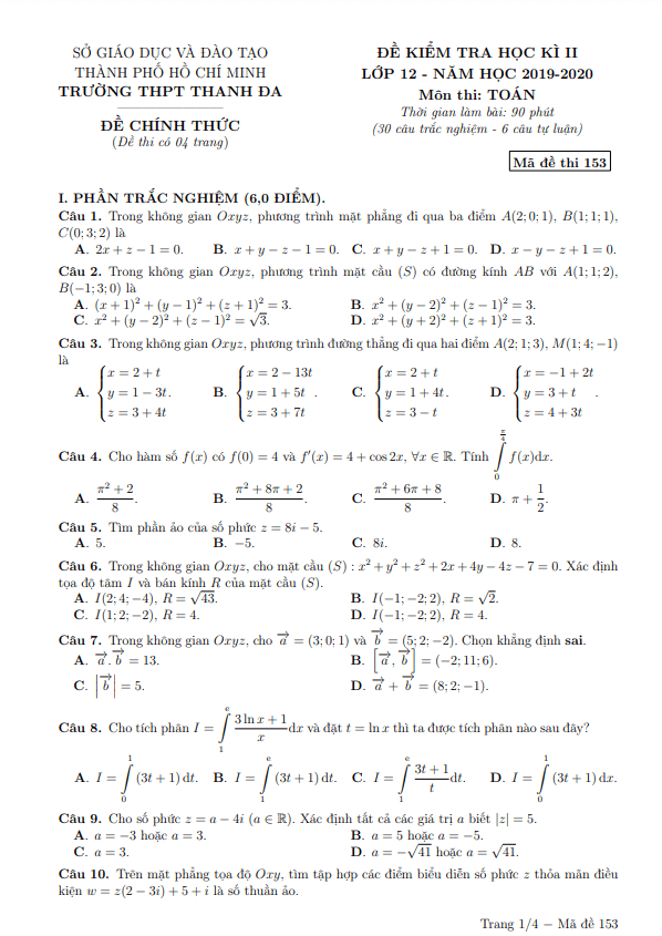 Đề thi học kì 2 Toán 12 năm 2019 2020 trường THPT Thanh Đa TP HCM