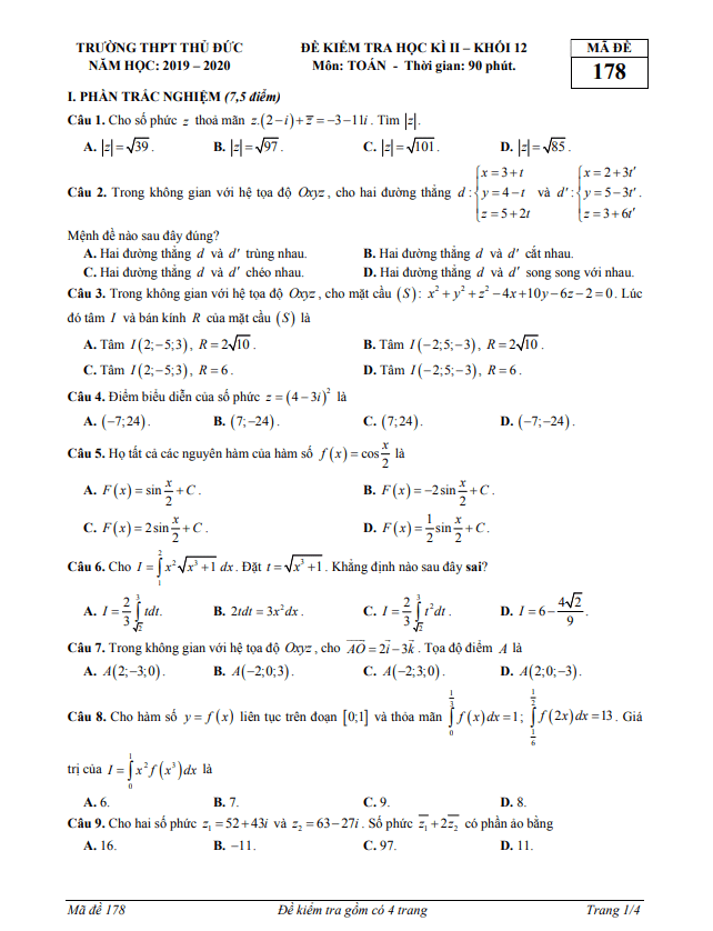 Đề thi học kì 2 Toán 12 năm 2019 2020 trường THPT Thủ Đức TP HCM