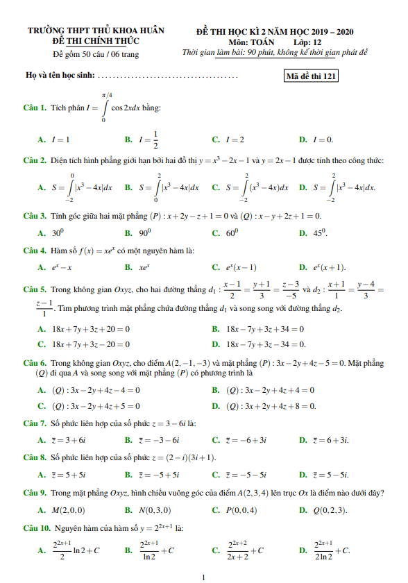 Đề thi học kì 2 Toán 12 năm 2019 2020 trường THPT Thủ Khoa Huân TP HCM