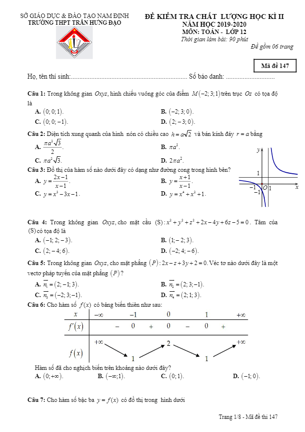 Đề thi học kì 2 Toán 12 năm 2019 2020 trường THPT Trần Hưng Đạo Nam Định