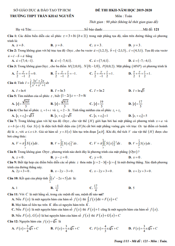 Đề thi học kì 2 Toán 12 năm 2019 2020 trường THPT Trần Khai Nguyên TP HCM