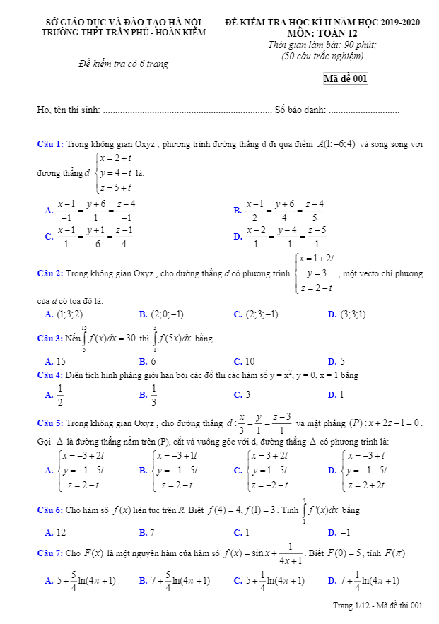 Đề thi học kì 2 Toán 12 năm 2019 2020 trường THPT Trần Phú Hà Nội