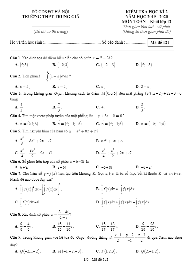 Đề thi học kì 2 Toán 12 năm 2019 2020 trường THPT Trung Giã Hà Nội