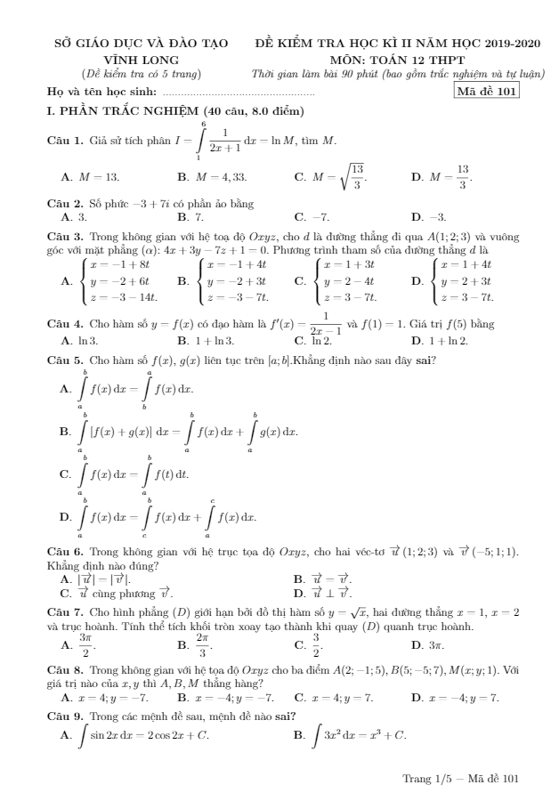 Đề thi học kì 2 Toán 12 THPT năm học 2019 2020 sở GD&ĐT Vĩnh Long