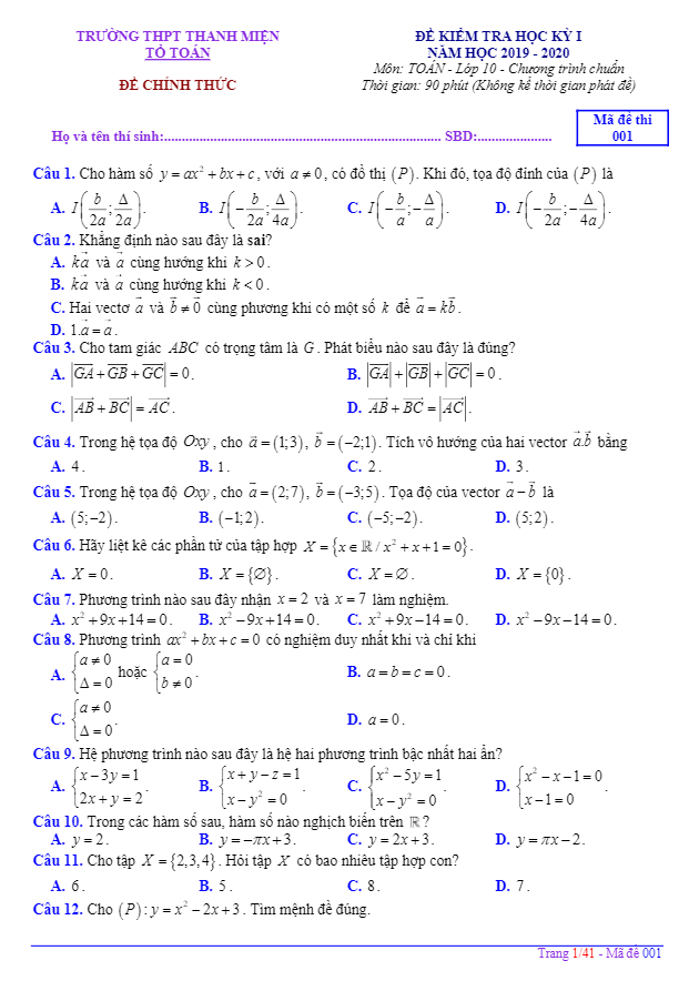 Đề thi học kỳ 1 Toán 10 năm 2019 2020 trường Thanh Miện Hải Dương