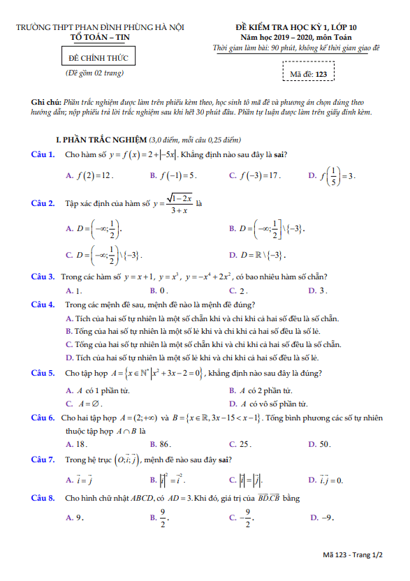 Đề thi học kỳ 1 Toán 10 năm 2019 2020 trường THPT Phan Đình Phùng Hà Nội