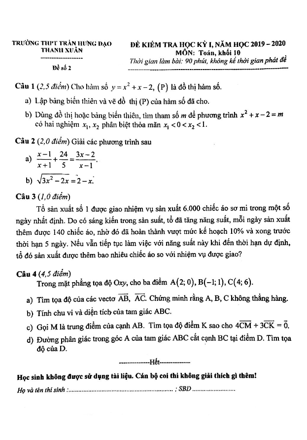 Đề thi học kỳ 1 Toán 10 năm 2019 2020 trường Trần Hưng Đạo Hà Nội