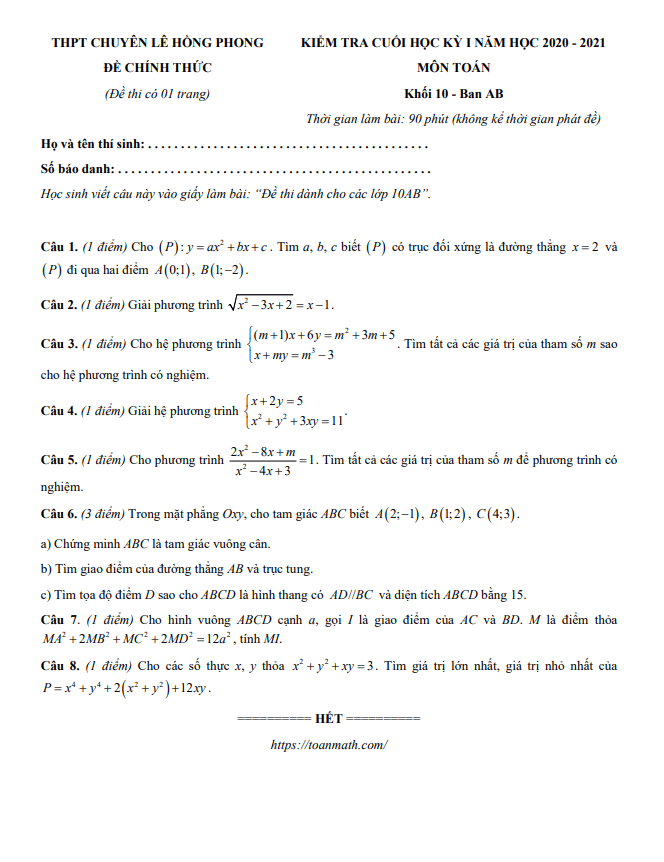 Đề thi học kỳ 1 Toán 10 năm 2020 2021 trường chuyên Lê Hồng Phong TP HCM