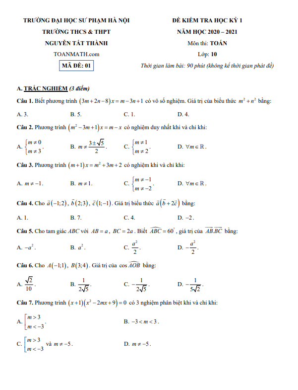 Đề thi học kỳ 1 Toán 10 năm 2020 2021 trường Nguyễn Tất Thành Hà Nội