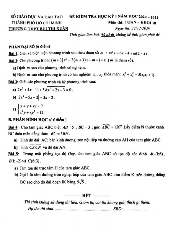 Đề thi học kỳ 1 Toán 10 năm 2020 2021 trường THPT Bùi Thị Xuân TP HCM