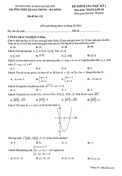 Đề thi học kỳ 1 Toán 10 năm 2020 2021 trường THPT Quang Trung Hà Nội