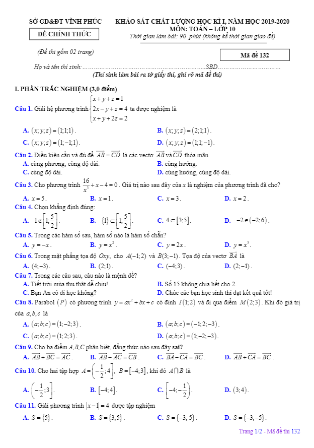 Đề thi học kỳ 1 Toán 10 năm học 2019 2020 sở GD&ĐT Vĩnh Phúc