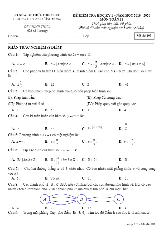 Đề thi học kỳ 1 Toán 11 năm 2019 2020 trường An Lương Đông TT Huế