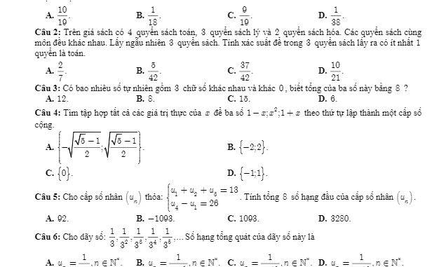 Đề thi học kỳ 1 Toán 11 năm 2019 2020 trường THPT chuyên Tiền Giang