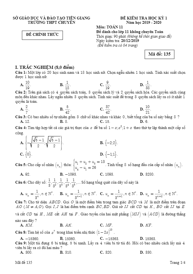 Đề thi học kỳ 1 Toán 11 năm 2019 2020 trường THPT chuyên Tiền Giang
