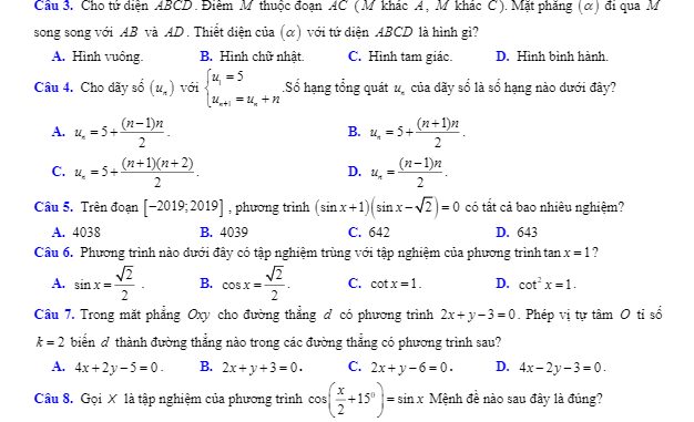 Đề thi học kỳ 1 Toán 11 năm 2019 2020 trường THPT Quốc Oai Hà Nội