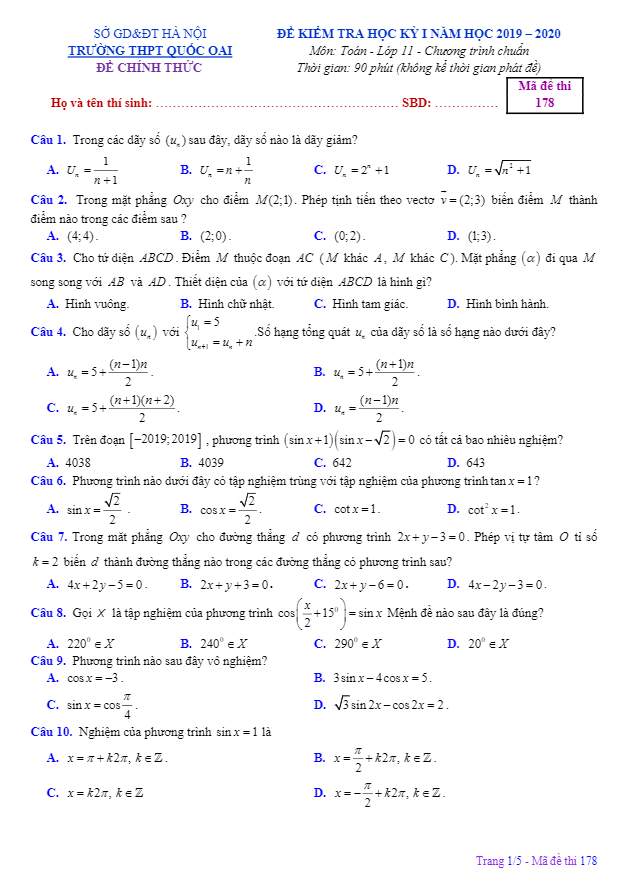Đề thi học kỳ 1 Toán 11 năm 2019 2020 trường THPT Quốc Oai Hà Nội