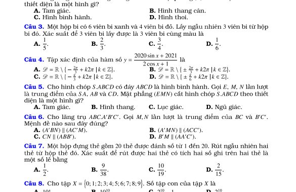 Đề thi học kỳ 1 Toán 11 năm 2020 2021 trường Nguyễn Tất Thành Hà Nội