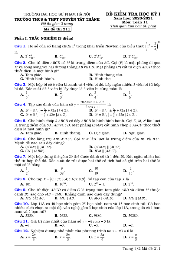 Đề thi học kỳ 1 Toán 11 năm 2020 2021 trường Nguyễn Tất Thành Hà Nội