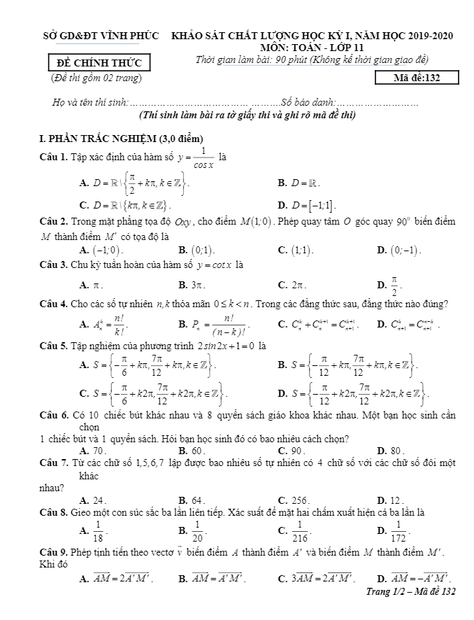 Đề thi học kỳ 1 Toán 11 năm học 2019 2020 sở GD&ĐT Vĩnh Phúc