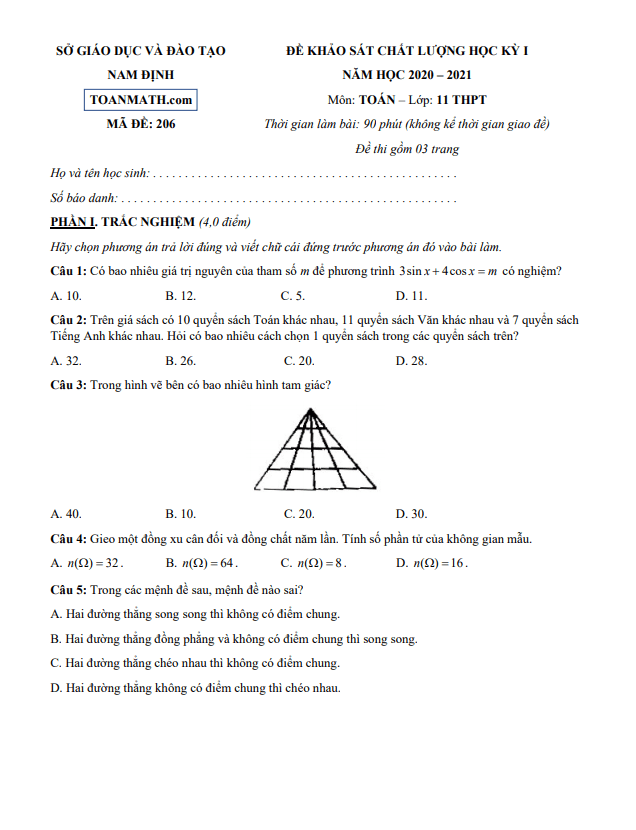 Đề thi học kỳ 1 Toán 11 năm học 2020 2021 sở GD&ĐT Nam Định