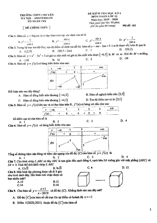 Đề thi học kỳ 1 Toán 12 năm 2019 2020 trường chuyên Hà Nội Amsterdam