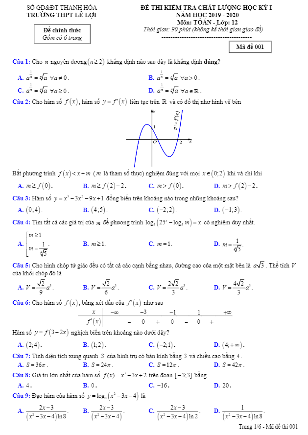 Đề thi học kỳ 1 Toán 12 năm 2019 2020 trường THPT Lê Lợi Thanh Hóa