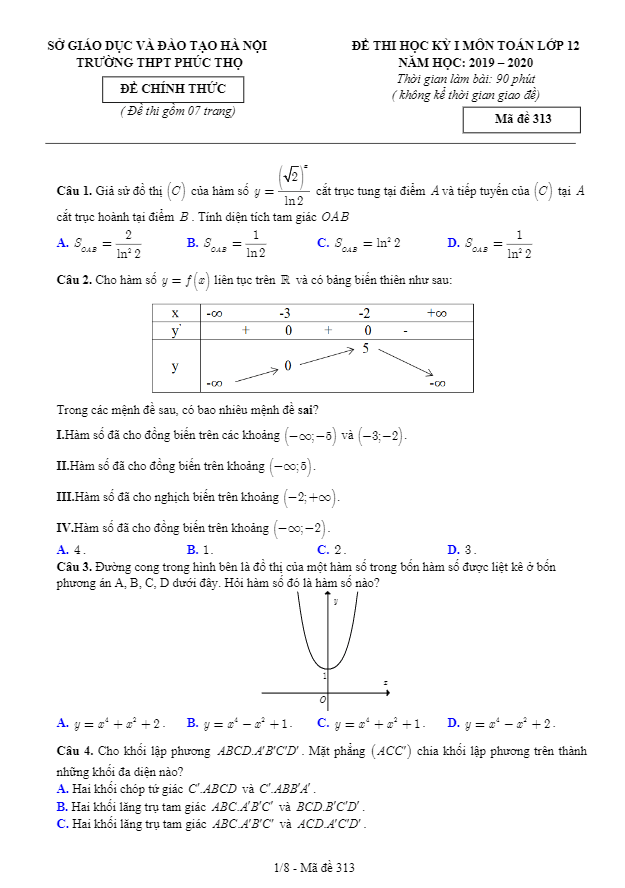 Đề thi học kỳ 1 Toán 12 năm 2019 2020 trường THPT Phúc Thọ Hà Nội