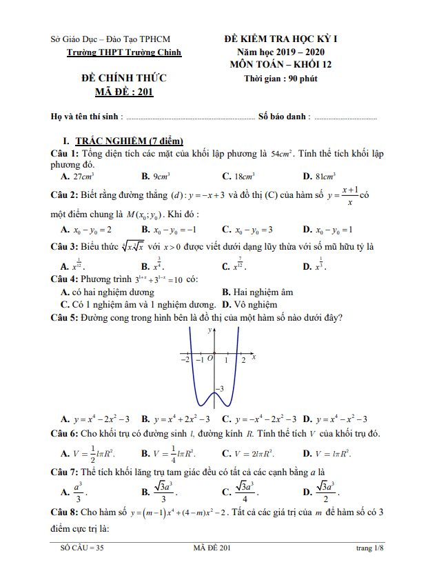 Đề thi học kỳ 1 Toán 12 năm 2019 2020 trường THPT Trường Chinh TP HCM