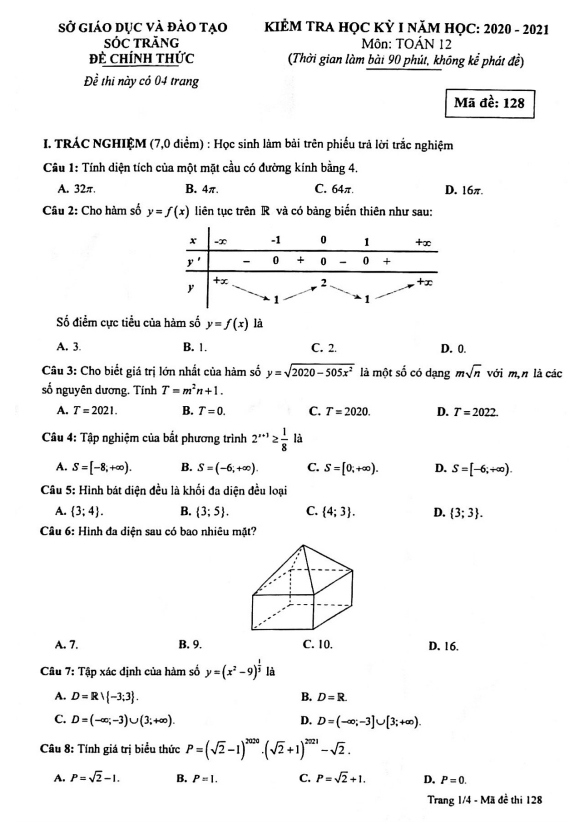Đề thi học kỳ 1 Toán 12 năm 2020 2021 sở GD&ĐT Sóc Trăng