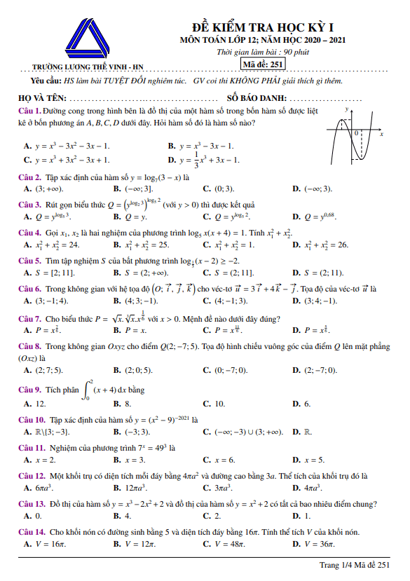 Đề thi học kỳ 1 Toán 12 năm 2020 2021 trường Lương Thế Vinh Hà Nội