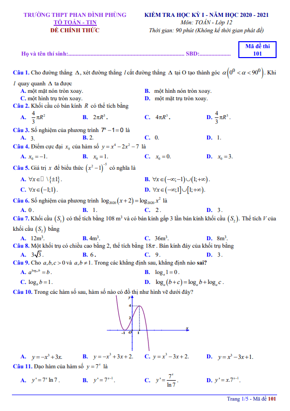 Đề thi học kỳ 1 Toán 12 năm 2020 2021 trường THPT Phan Đình Phùng Hà Nội