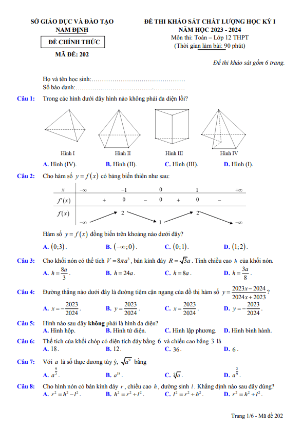 Đề thi học kỳ 1 Toán 12 năm 2023 2024 sở GD&ĐT Nam Định