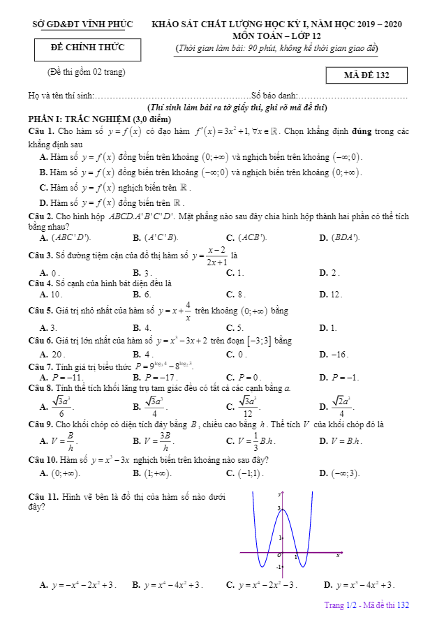 Đề thi học kỳ 1 Toán 12 năm học 2019 2020 sở GD&ĐT Vĩnh Phúc