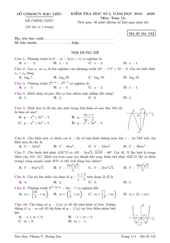 Đề thi học kỳ 1 Toán 12 năm học 2019 2020 sở GDKHCN Bạc Liêu