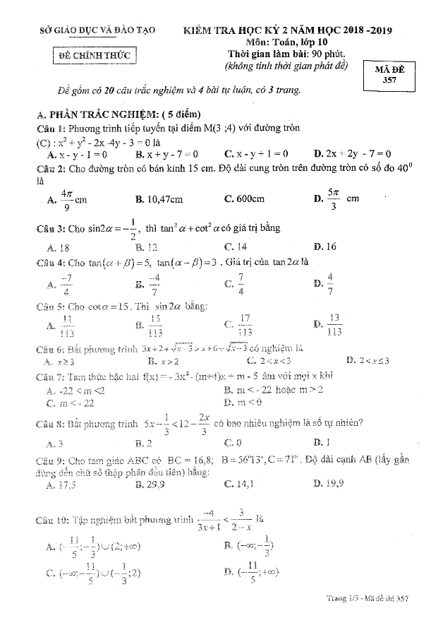 Đề thi học kỳ 2 Toán 10 năm 2018 2019 sở GD&ĐT Bình Dương