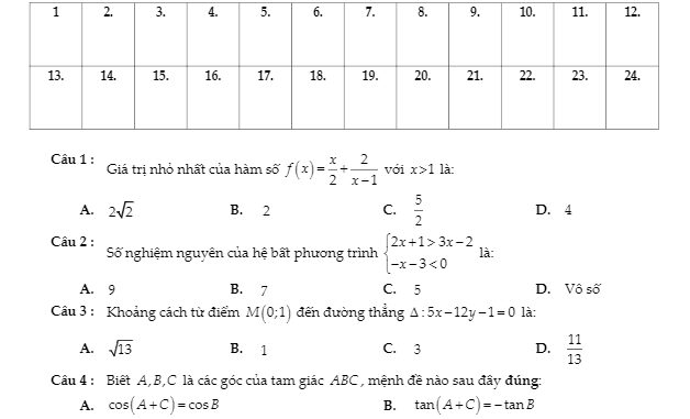 Đề thi học kỳ 2 Toán 10 năm 2018 2019 trường M.V Lômônôxốp Hà Nội