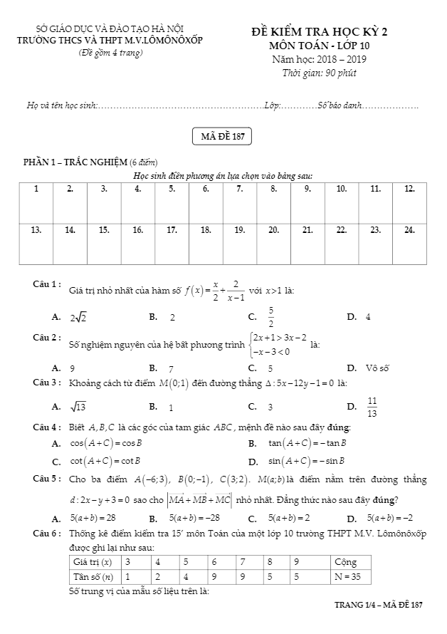 Đề thi học kỳ 2 Toán 10 năm 2018 2019 trường M.V Lômônôxốp Hà Nội